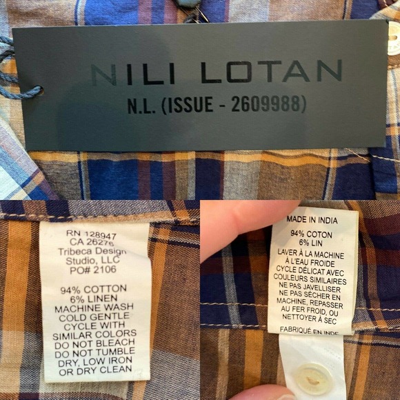 NILI LOTAN Feora Blue/Tan Plaid RuffleNeck Top NWT - Picture 9 of 10